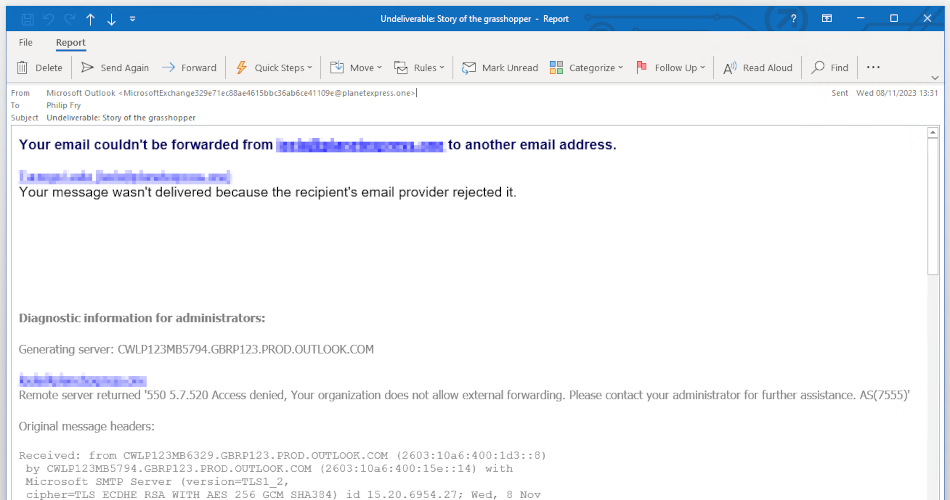 Exchange Online - Remote server returned 550 5.7.520 Access denied, Your organization does not allow external forwarding